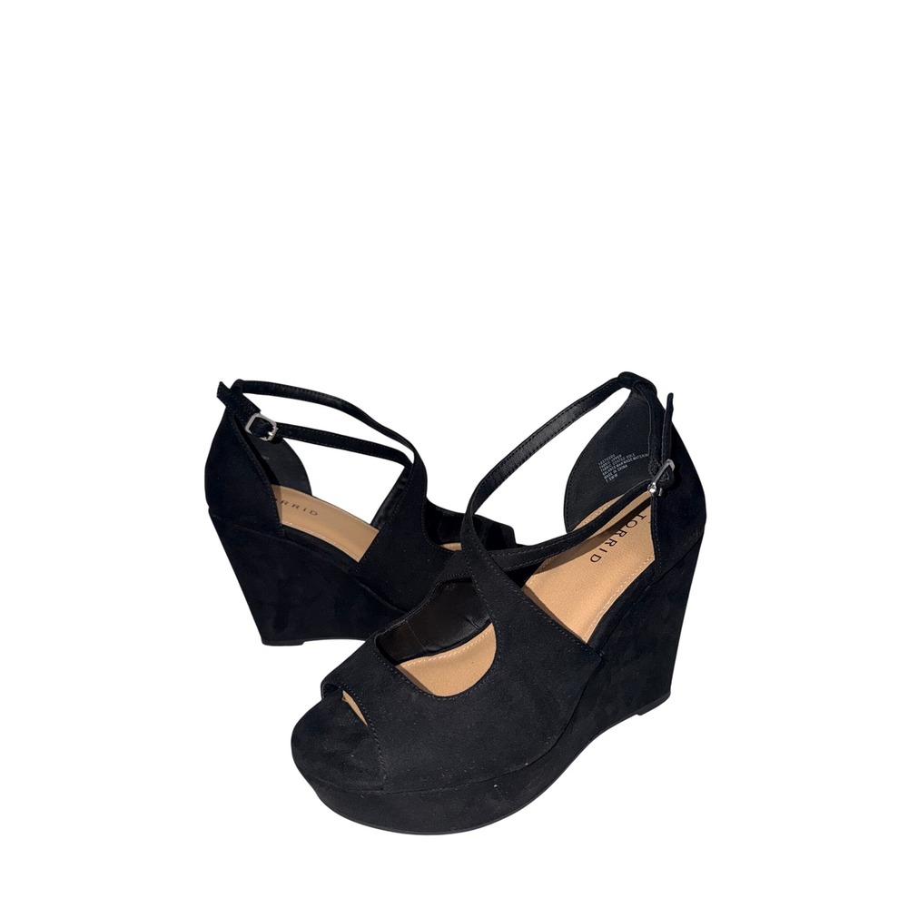 Torrid Womens Black Faux Suede Peep Toe Crisscross Ankle Strap Wedge Heels 7.5WW